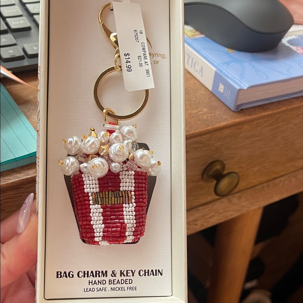 Red and White Beaded Bag Charm Key Chain